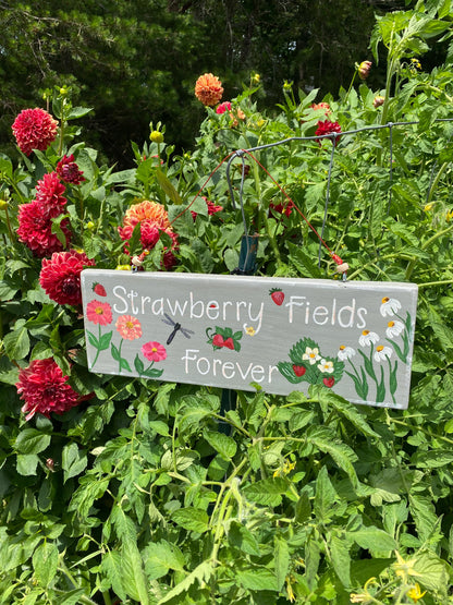 Strawberry Fields Forever | Custom Hand Painted Garden Sign | Unique Garden Gift for Gardeners
