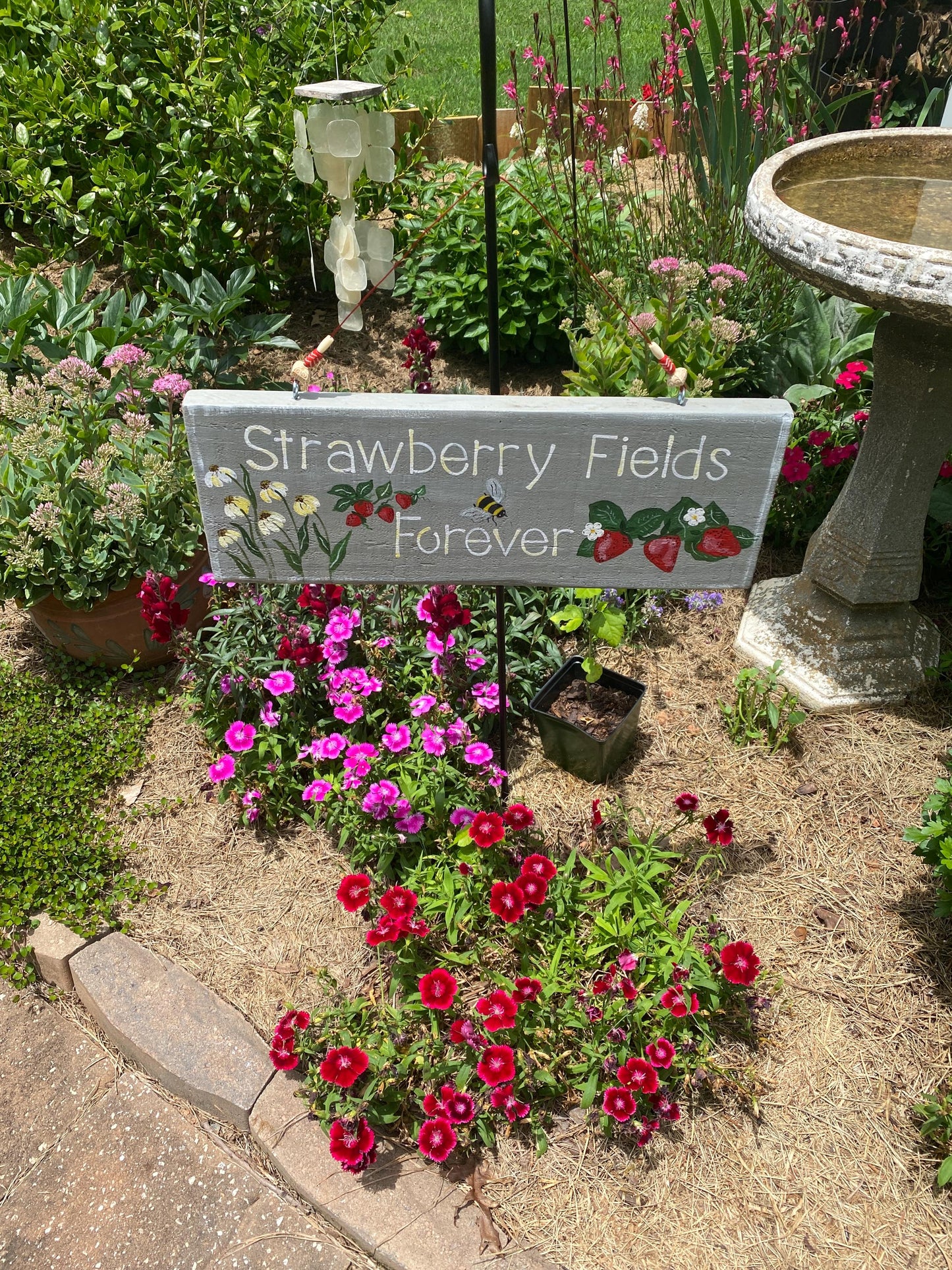 Strawberry Fields Forever | Custom Hand Painted Garden Sign | Unique Garden Gift for Gardeners