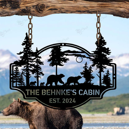Personalized Bear Metal Cabin Sign, Custom Family Name Woodland Sign, Rustic Bear Decor for Home or Lodge, Outdoor Cabin Sign, Dad Gift