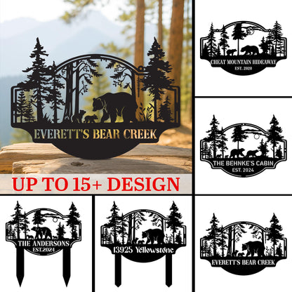 Personalized Bear Metal Cabin Sign, Custom Family Name Woodland Sign, Rustic Bear Decor for Home or Lodge, Outdoor Cabin Sign, Dad Gift