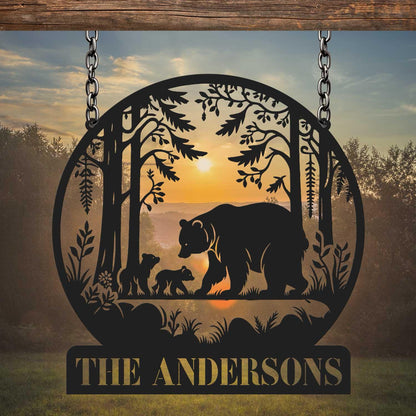 Personalized Bear Metal Cabin Sign, Custom Family Name Woodland Sign, Rustic Bear Decor for Home or Lodge, Outdoor Cabin Sign, Dad Gift