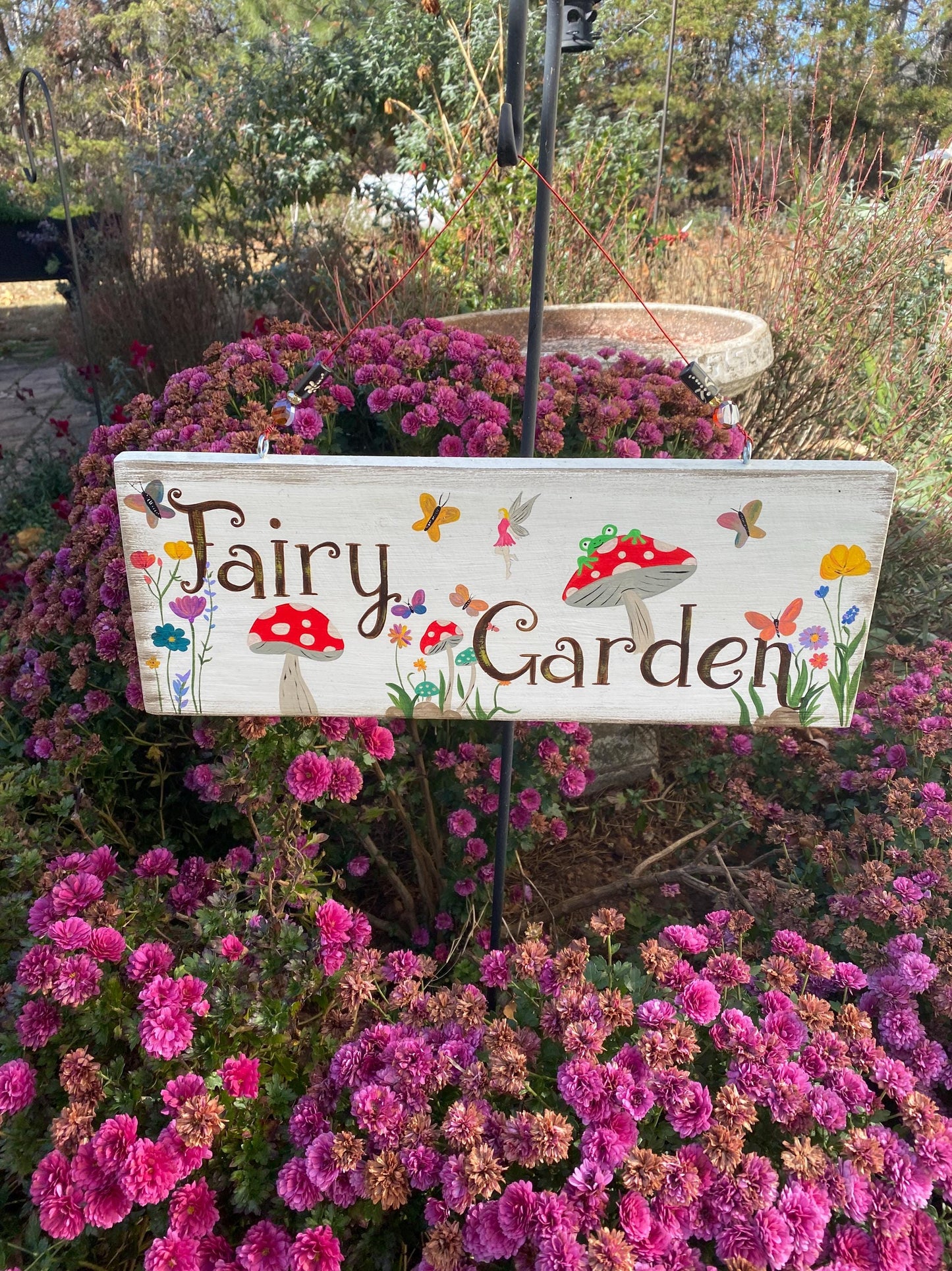 Hand Painted Wooden Fairy Sign, Whimsical Garden Decor, Butterflies Hummingbird Floral Art