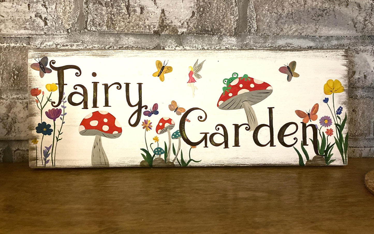 Hand Painted Wooden Fairy Sign, Whimsical Garden Decor, Butterflies Hummingbird Floral Art