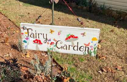 Hand Painted Wooden Fairy Sign, Whimsical Garden Decor, Butterflies Hummingbird Floral Art