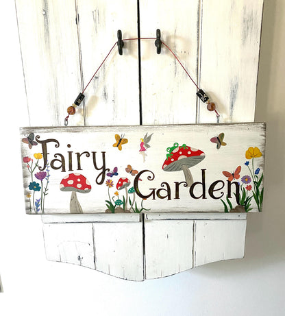 Hand Painted Fairy Village Wooden Sign, Whimsical Mushroom Floral Yard Decor