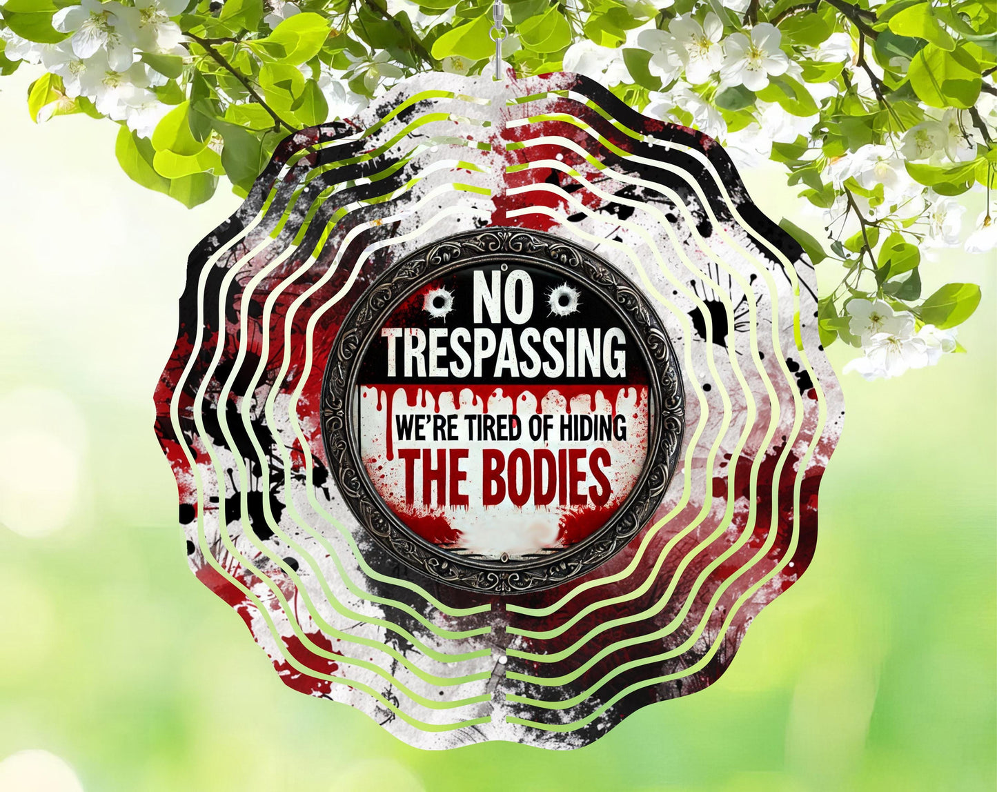 No Trespassing Wind Spinner, Dark Humor Yard Art