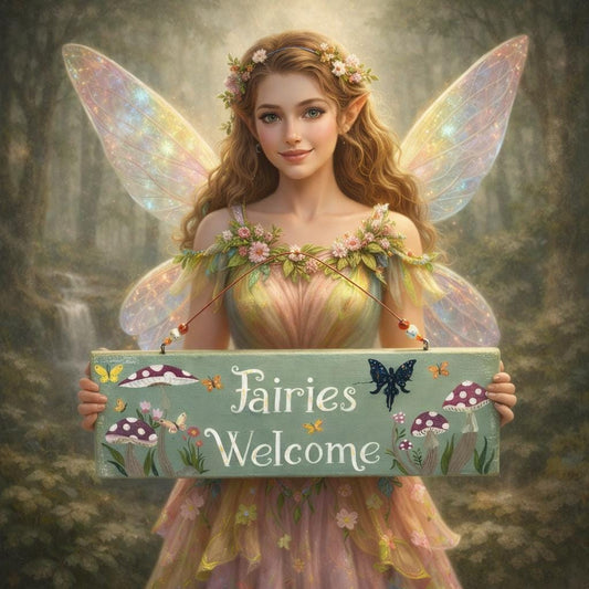 Fairies Welcome, Whimsical Hand Painted Fairy Garden Sign, Enchanted Garden Decor
