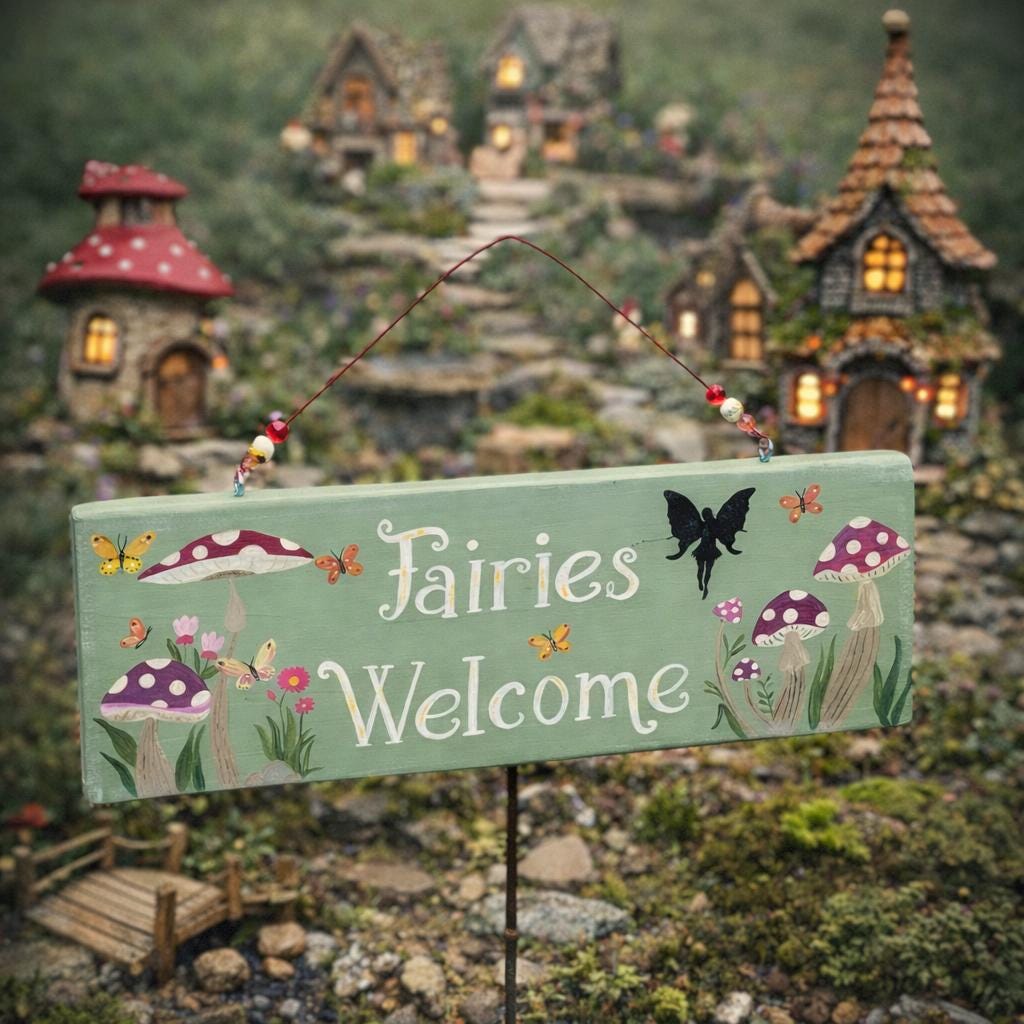 Fairies Welcome, Whimsical Hand Painted Fairy Garden Sign, Enchanted Garden Decor