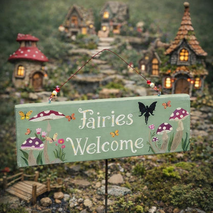 Fairies Welcome, Whimsical Hand Painted Fairy Garden Sign, Enchanted Garden Decor