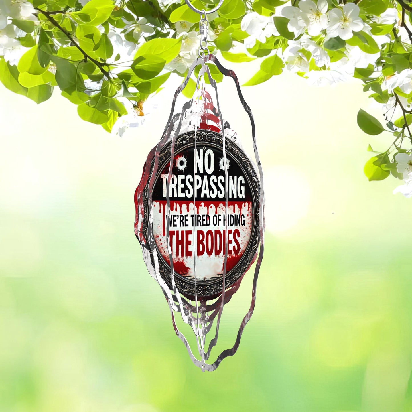 No Trespassing Wind Spinner, Dark Humor Yard Art