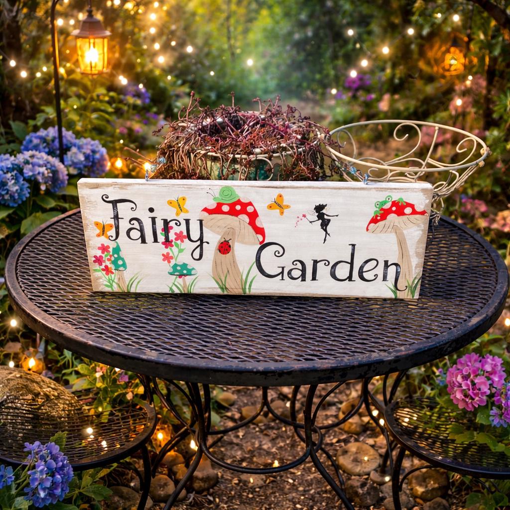 Hand Painted Wooden Fairy Sign, Whimsical Garden Decor, Butterflies Hummingbird Floral Art