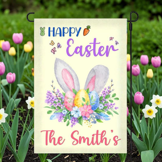 Happy Easter Garden Flag, Custom Family Name Home Yard Decoration Flags, Spring Decor Sign