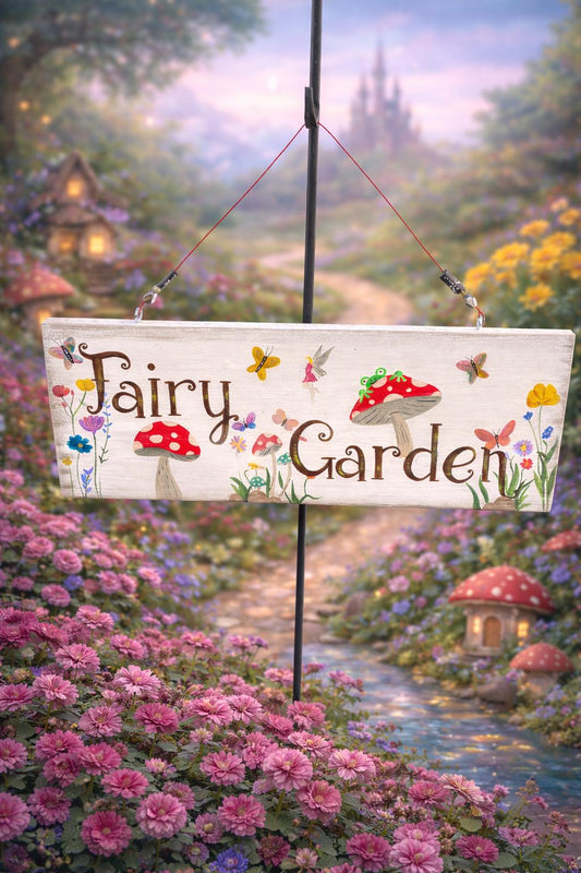 Hand Painted Wood Fairy Garden Sign, Whimsical Enchanted Outdoor Decor
