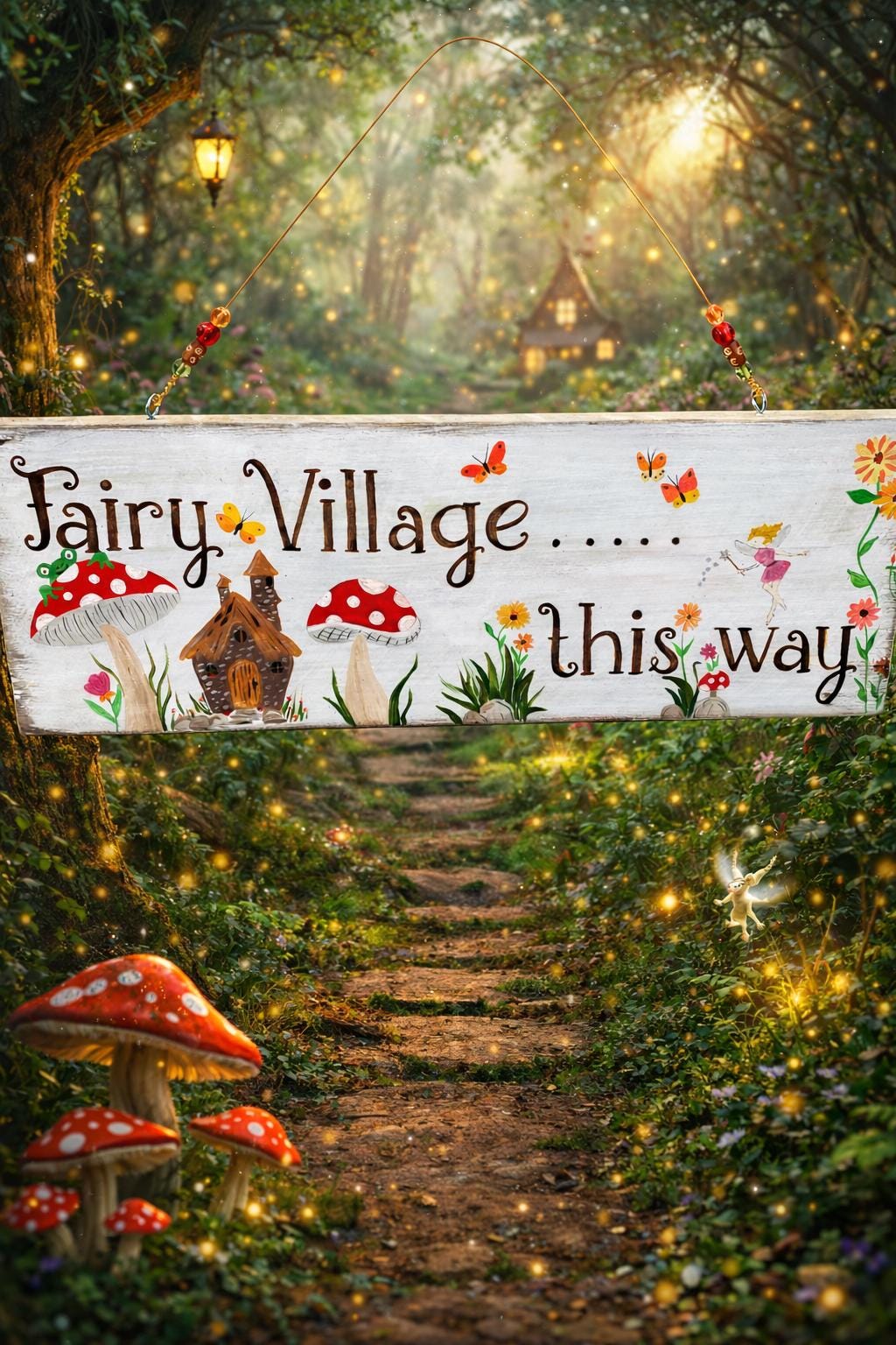 Hand Painted Wooden Fairy Sign, Whimsical Garden Decor, Butterflies Hummingbird Floral Art