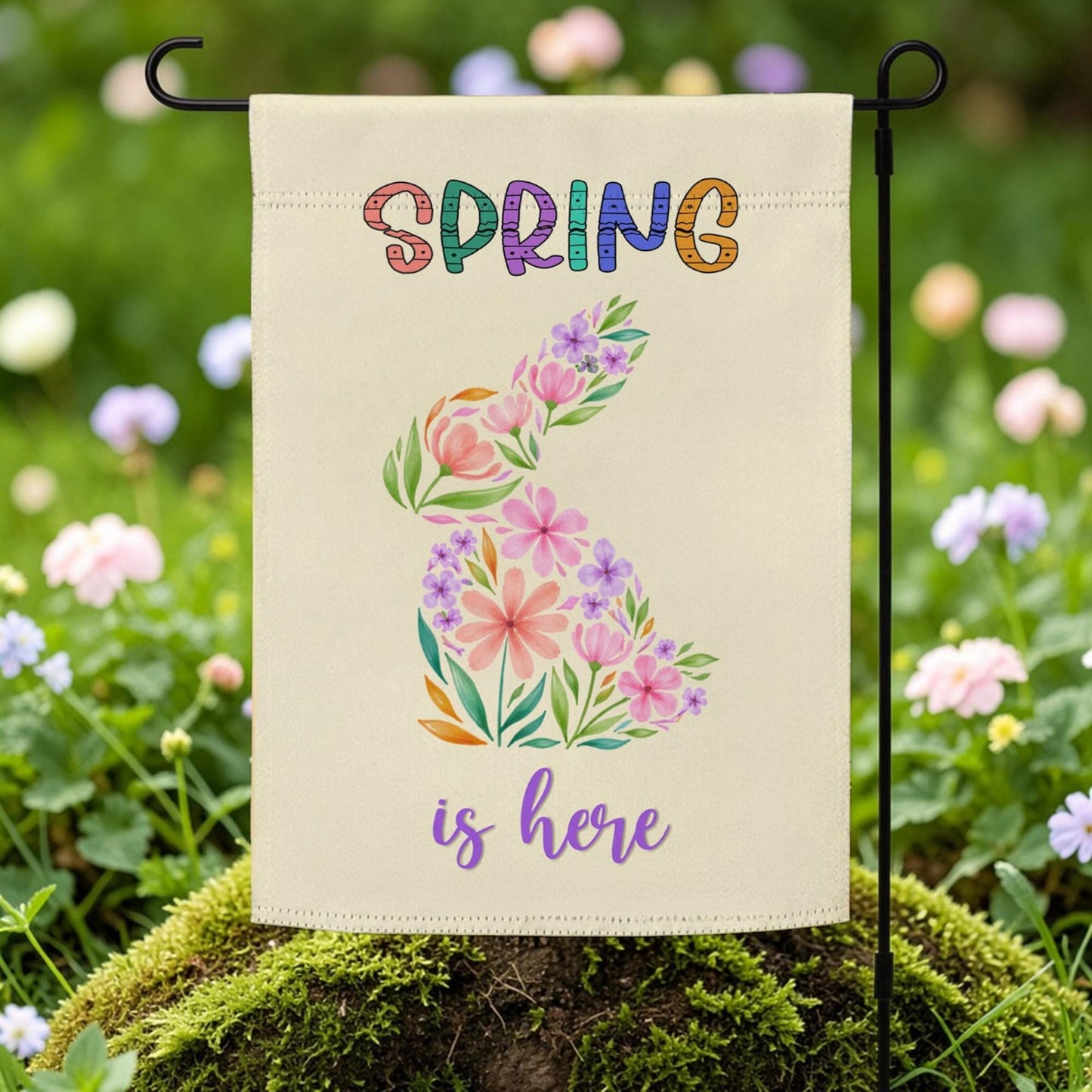 Spring is Here Garden Flag, Easter House Decoration, Bunny Yard Decor Flags, Metal Sign