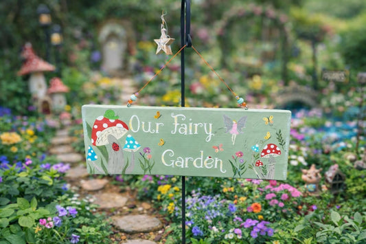 Hand Painted Whimsical Fairy Garden Wood Sign, Magical Outdoor Decor