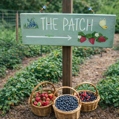 Custom Hand-Painted Garden Sign | Berry Patch Decor, Floral Strawberry Art