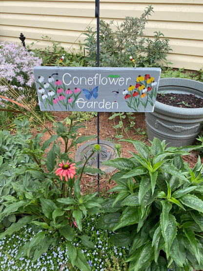 Hand Painted Coneflower Garden Sign, Personalized Wooden Outdoor Decor