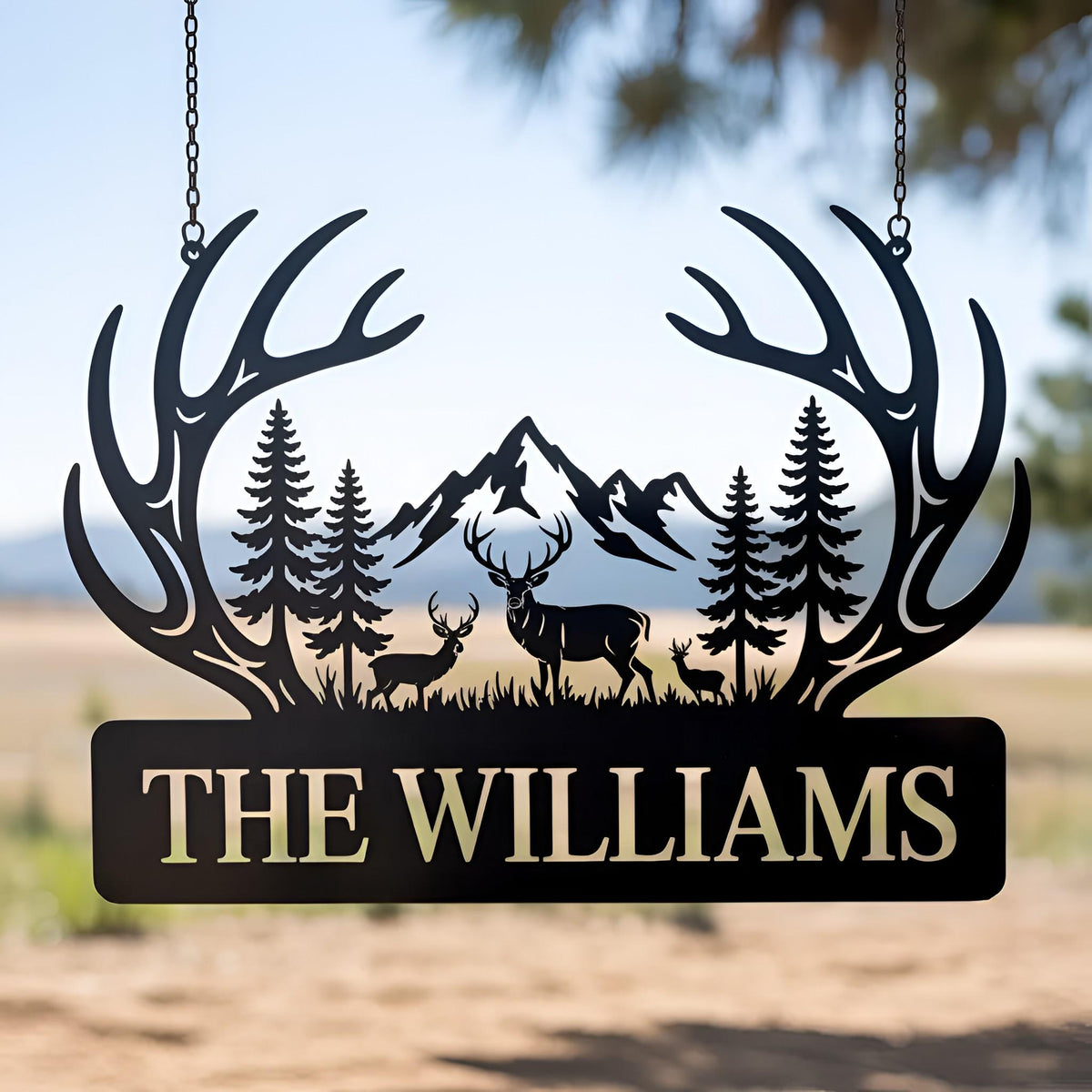 Personalized Deer Antler Metal Sign, Custom Family Name Wall Art, Cabin Decor, Deer Mountain Forest Scene, Hunting Lover Gift