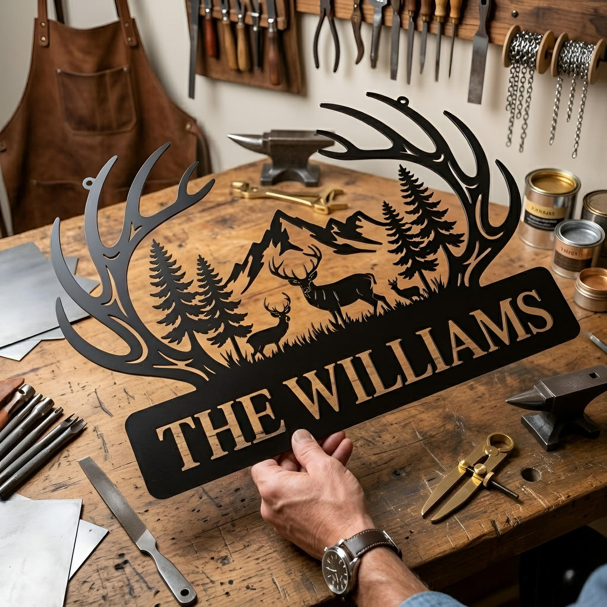 Personalized Deer Antler Metal Sign, Custom Family Name Wall Art, Cabin Decor, Deer Mountain Forest Scene, Hunting Lover Gift