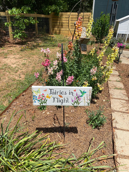 Hand Painted Wooden Fairy Sign, Whimsical Garden Decor, Butterflies Hummingbird Floral Art