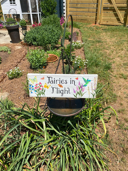 Hand Painted Wooden Fairy Sign, Whimsical Garden Decor, Butterflies Hummingbird Floral Art