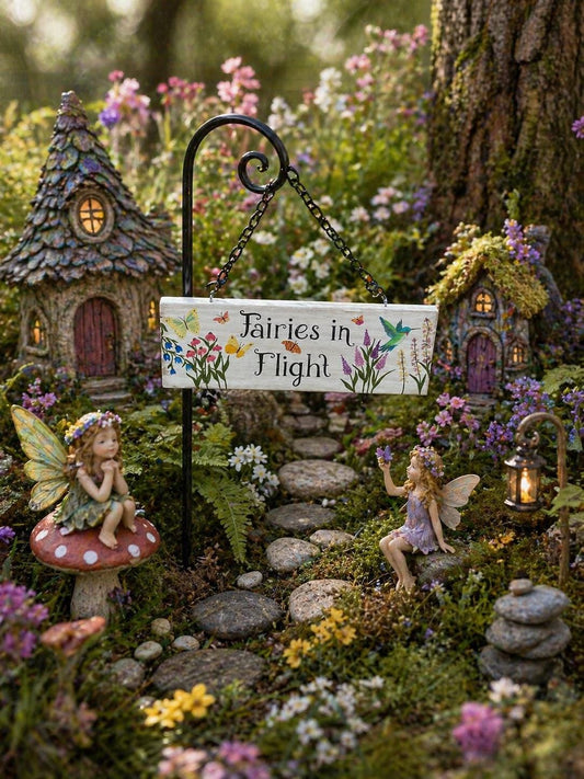 Hand Painted Wooden Fairy Sign, Whimsical Garden Decor, Butterflies Hummingbird Floral Art