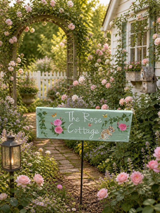 Hand Painted Rose Cottage Garden Sign, Personalized Wooden Outdoor Decor