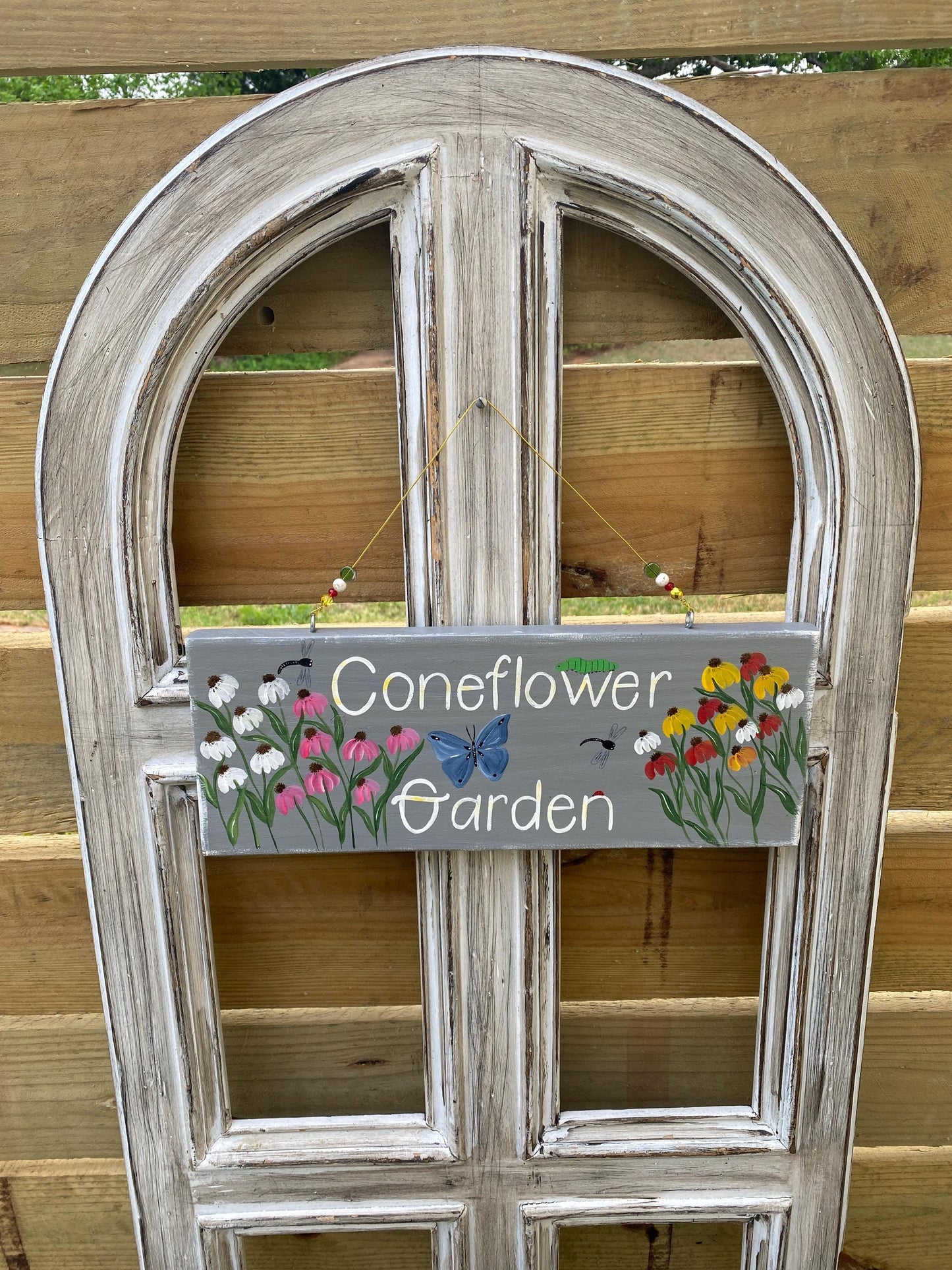 Hand Painted Coneflower Garden Sign, Personalized Wooden Outdoor Decor