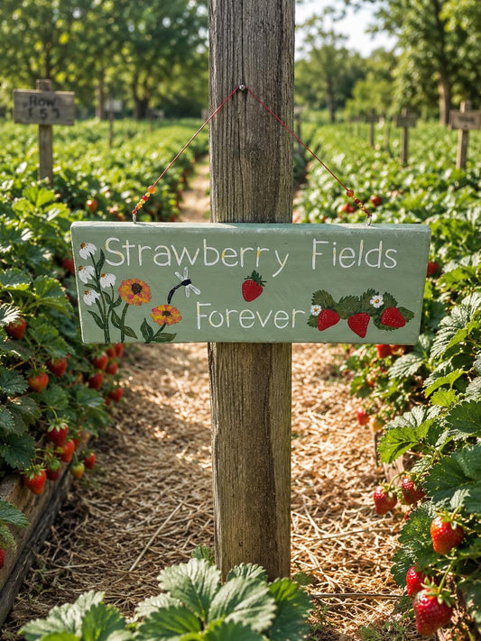Strawberry Fields Forever | Custom Hand Painted Garden Sign | Unique Garden Gift for Gardeners