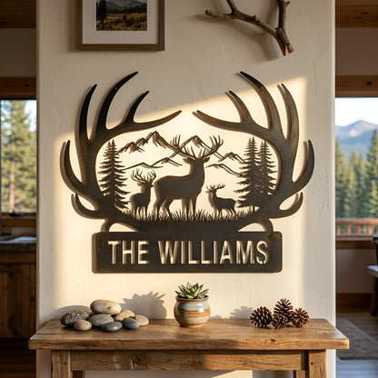 Personalized Deer Antler Metal Sign, Custom Family Name Wall Art,Deer Mountain Metal Art, Custom Lodge Decor for Cabin