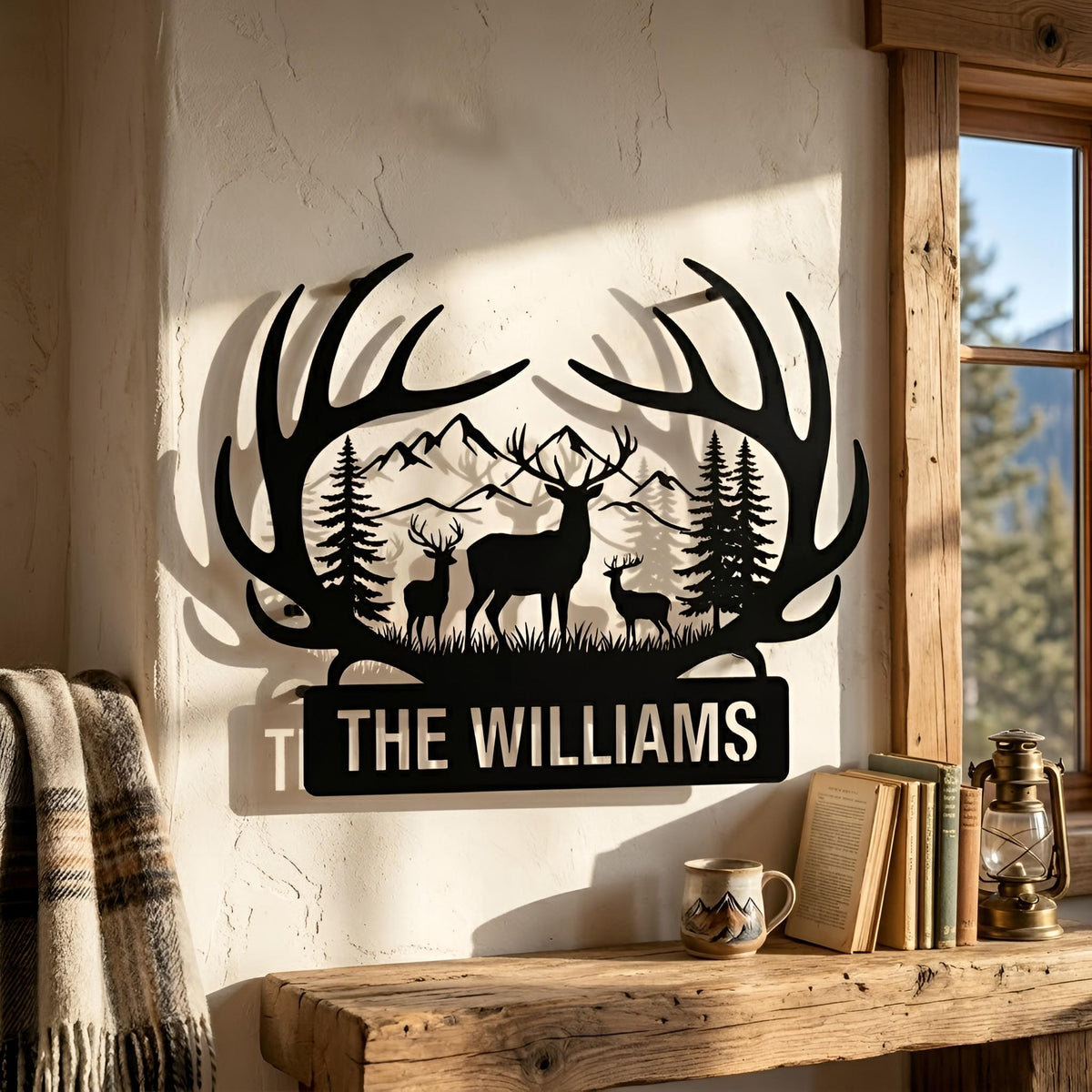 Personalized Deer Antler Metal Sign, Custom Family Name Wall Art,Deer Mountain Metal Art, Custom Lodge Decor for Cabin