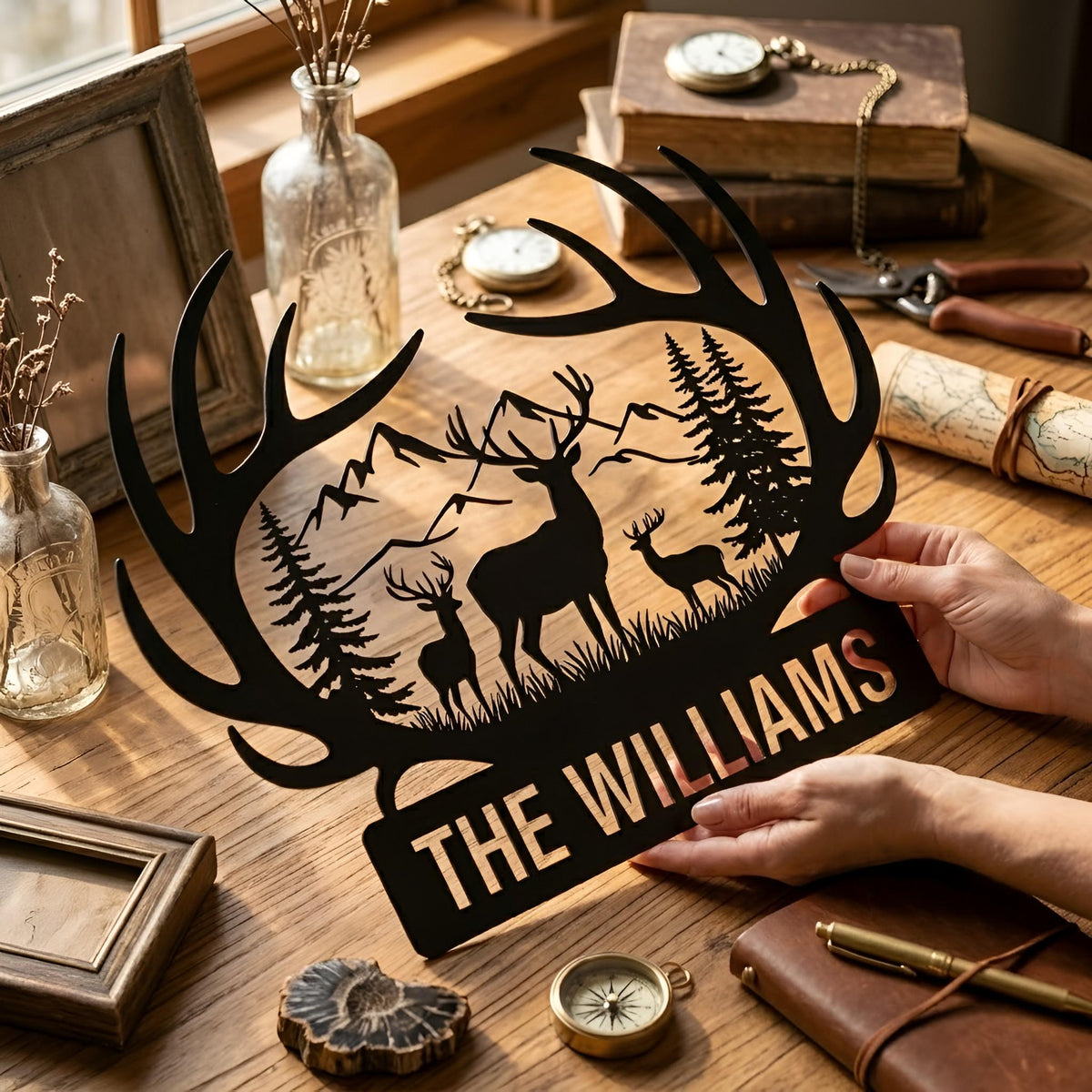 Personalized Deer Antler Metal Sign, Custom Family Name Wall Art,Deer Mountain Metal Art, Custom Lodge Decor for Cabin