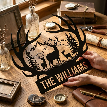 Personalized Deer Antler Metal Sign, Custom Family Name Wall Art,Deer Mountain Metal Art, Custom Lodge Decor for Cabin