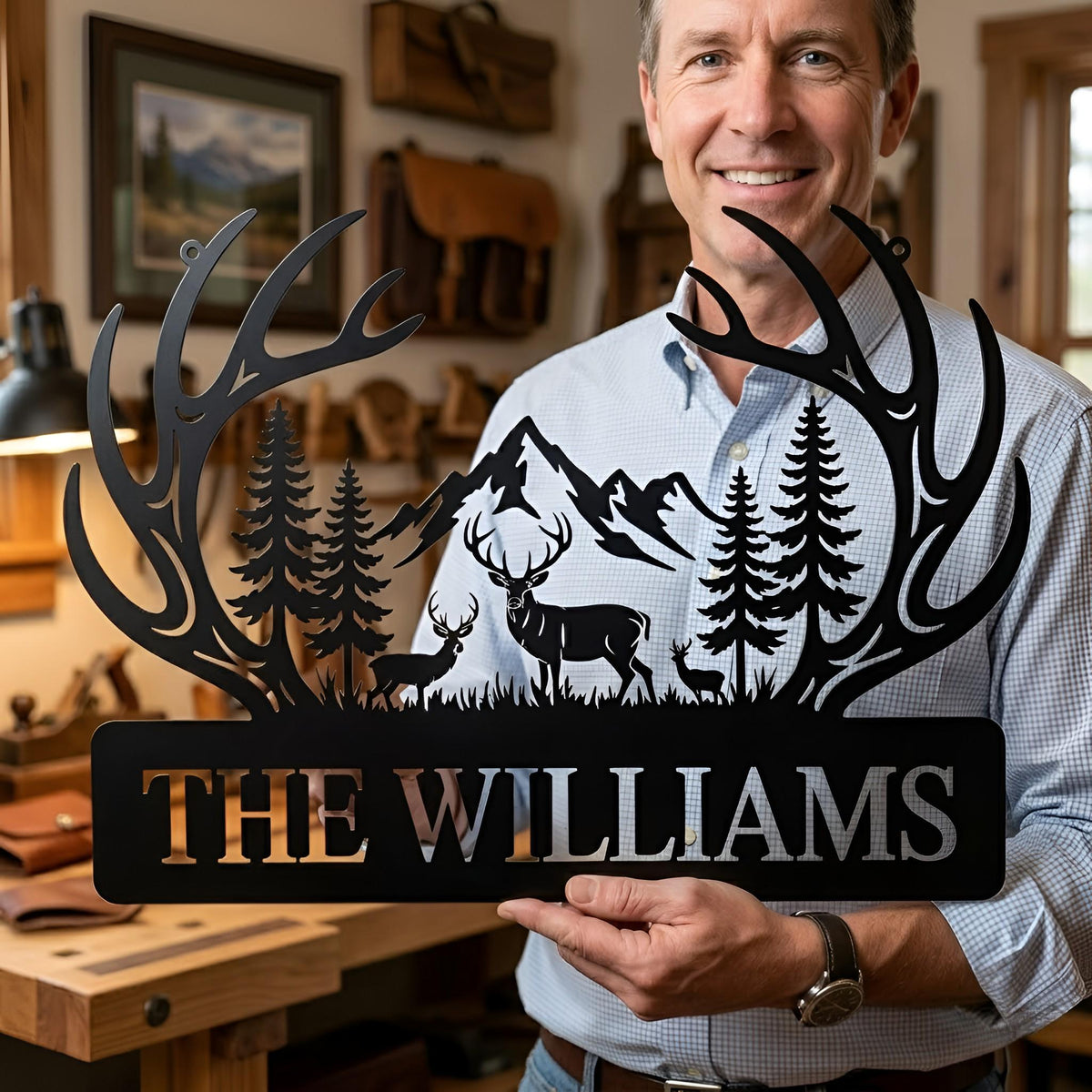 Personalized Deer Antler Metal Sign, Custom Family Name Wall Art, Cabin Decor, Deer Mountain Forest Scene, Hunting Lover Gift