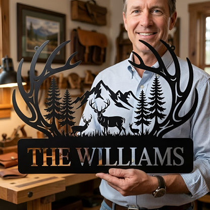 Personalized Deer Antler Metal Sign, Custom Family Name Wall Art, Cabin Decor, Deer Mountain Forest Scene, Hunting Lover Gift