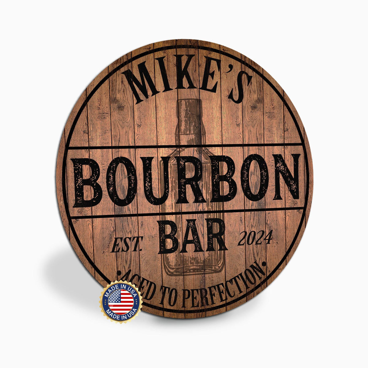 Personalized Bourbon Bar Sign, Custom Round Metal Bar Sign, Aged to Perfection, Home Bar Decor, Bourbon Lover Gift, Made in USA