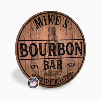 Personalized Bourbon Bar Sign, Custom Round Metal Bar Sign, Aged to Perfection, Home Bar Decor, Bourbon Lover Gift, Made in USA