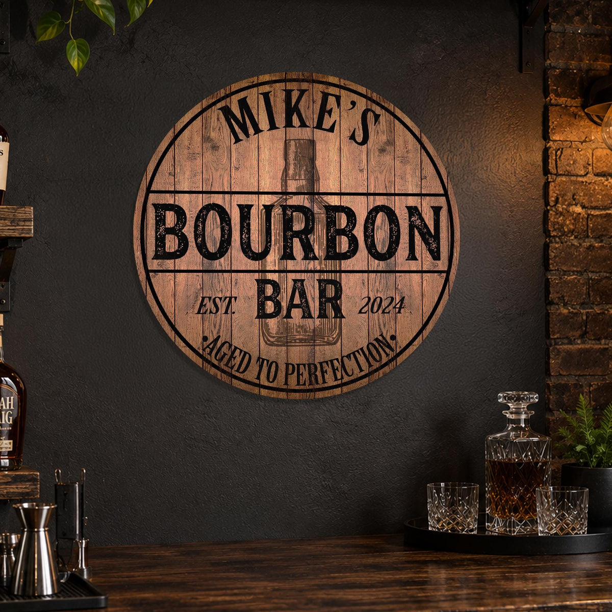 Personalized Bourbon Bar Sign, Custom Round Metal Bar Sign, Aged to Perfection, Home Bar Decor, Bourbon Lover Gift, Made in USA