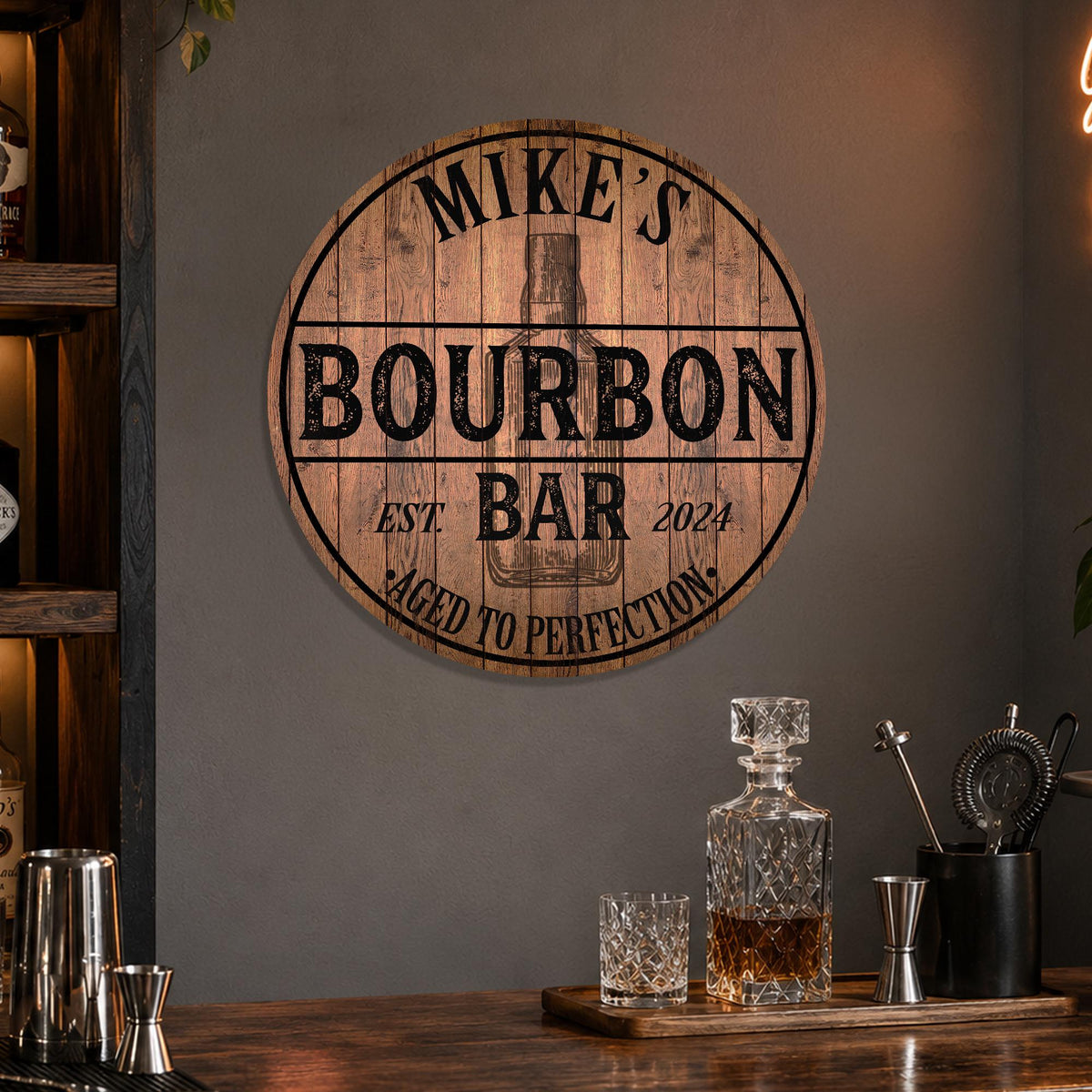 Personalized Bourbon Bar Sign, Custom Round Metal Bar Sign, Aged to Perfection, Home Bar Decor, Bourbon Lover Gift, Made in USA