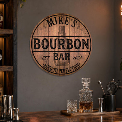 Personalized Bourbon Bar Sign, Custom Round Metal Bar Sign, Aged to Perfection, Home Bar Decor, Bourbon Lover Gift, Made in USA