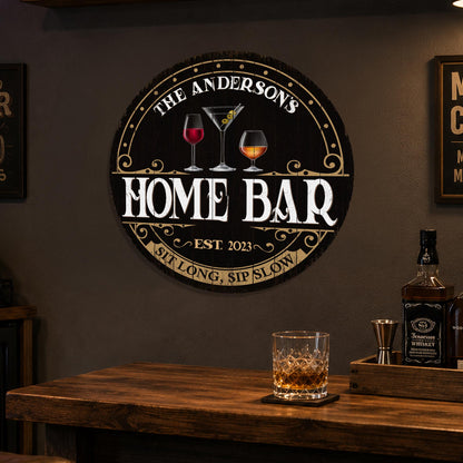 Personalized Home Bar Sign, Custom Round Black and Gold Bar Sign, Sit Long Sip Slow, Family Name Sign, Bar Decor, Made in USA