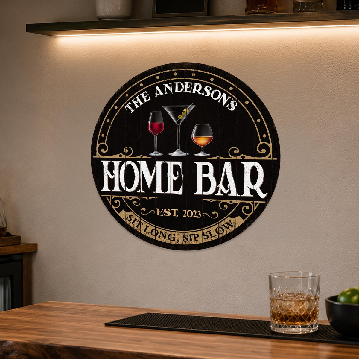 Personalized Home Bar Sign, Custom Round Black and Gold Bar Sign, Sit Long Sip Slow, Family Name Sign, Bar Decor, Made in USA