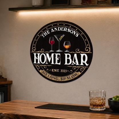Personalized Home Bar Sign, Custom Round Black and Gold Bar Sign, Sit Long Sip Slow, Family Name Sign, Bar Decor, Made in USA
