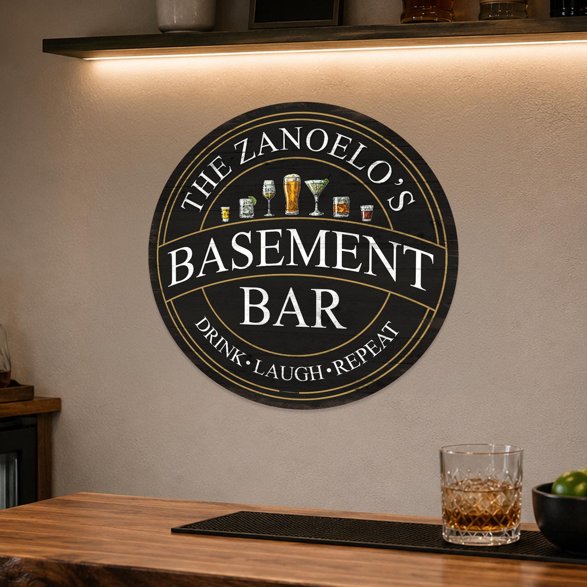 Personalized Basement Bar Sign, Custom Round Black and Gold Bar Sign, Drink Laugh Repeat, Family Name Sign, Made in USA, Gift for Him