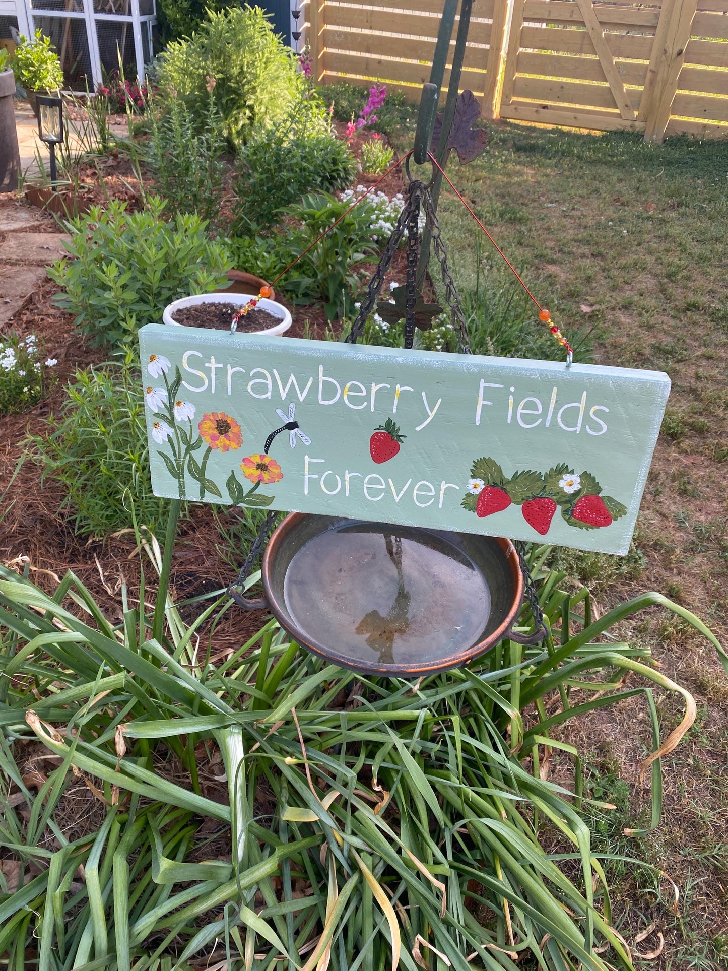 Strawberry Fields Forever | Custom Hand Painted Garden Sign | Unique Garden Gift for Gardeners