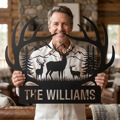 Personalized Deer Antler Metal Sign, Custom Family Name Wall Art,Deer Mountain Metal Art, Custom Lodge Decor for Cabin