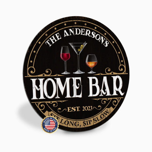 Personalized Home Bar Sign, Custom Round Black and Gold Bar Sign, Sit Long Sip Slow, Family Name Sign, Bar Decor, Made in USA