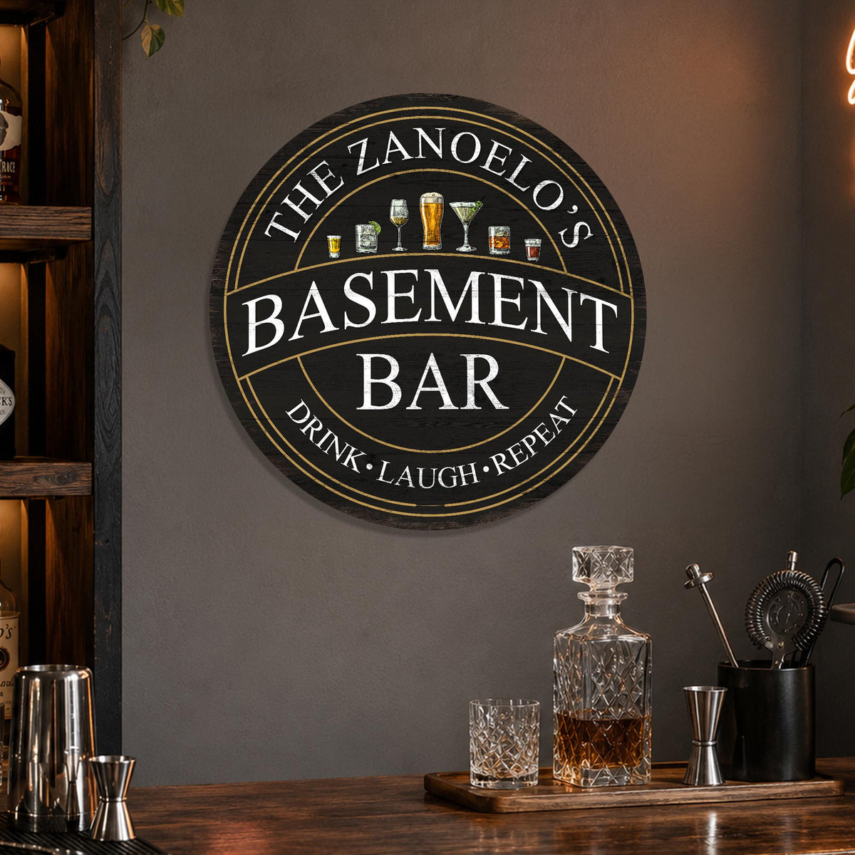 Personalized Basement Bar Sign, Custom Round Black and Gold Bar Sign, Drink Laugh Repeat, Family Name Sign, Made in USA, Gift for Him