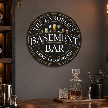 Personalized Basement Bar Sign, Custom Round Black and Gold Bar Sign, Drink Laugh Repeat, Family Name Sign, Made in USA, Gift for Him